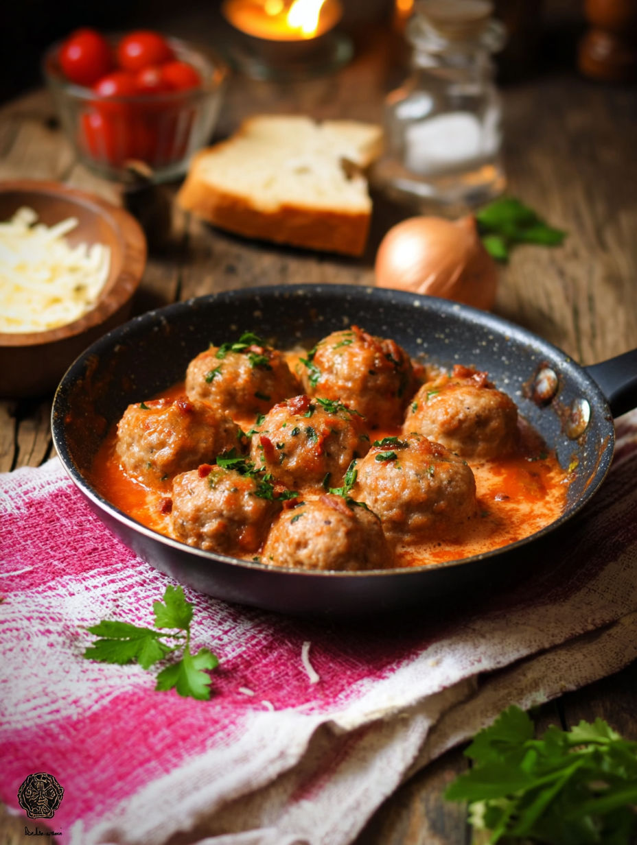 Une poêle contenant des boulettes de viande dans une sauce tomate.