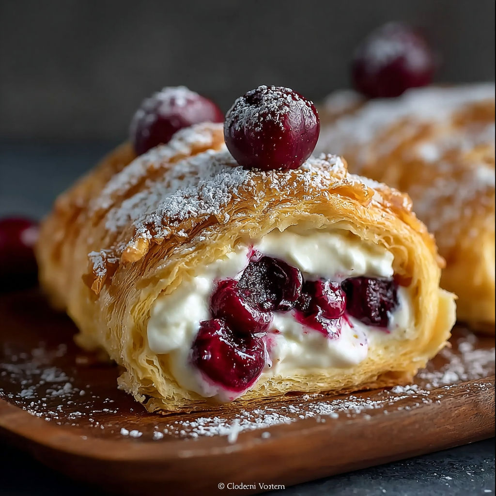 Un délicieux rotolo di sfoglia goloso con crema panna, mascarpone e ciliegie, délicieusement présenté sur un plateau.