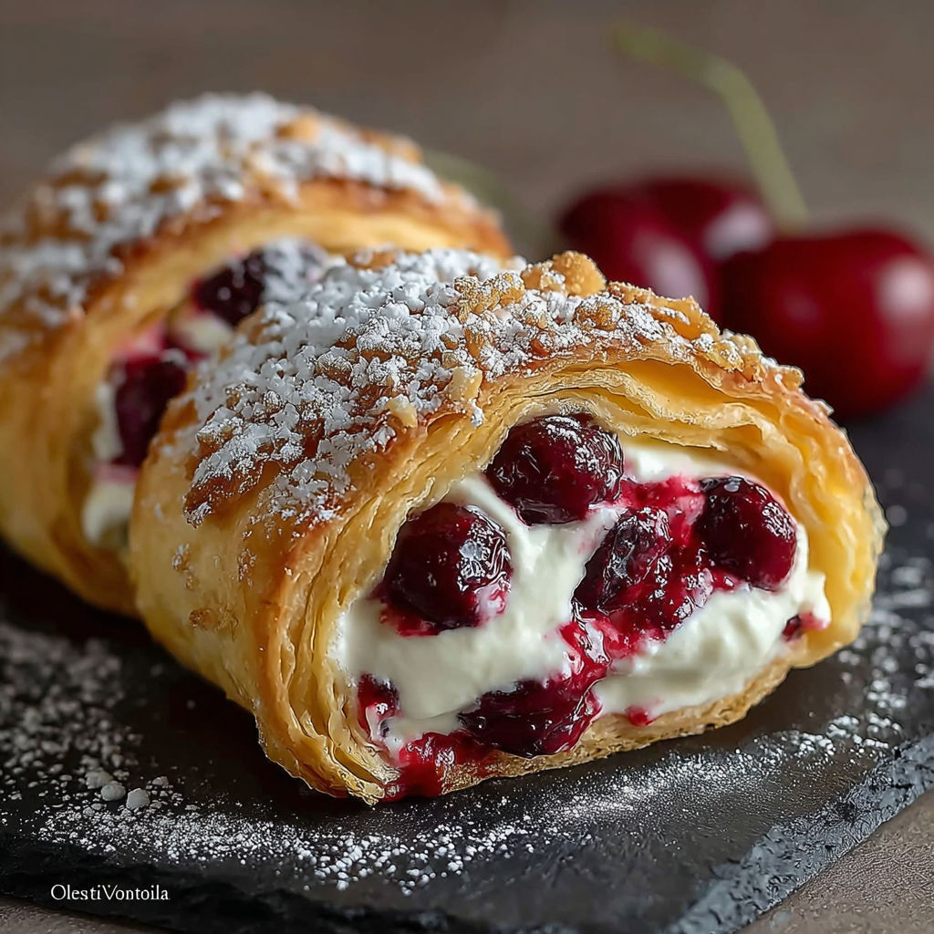 Une tourte aux cerises et au fromage blanc, garnie de cerises fraîches, est servie sur un plateau noir.