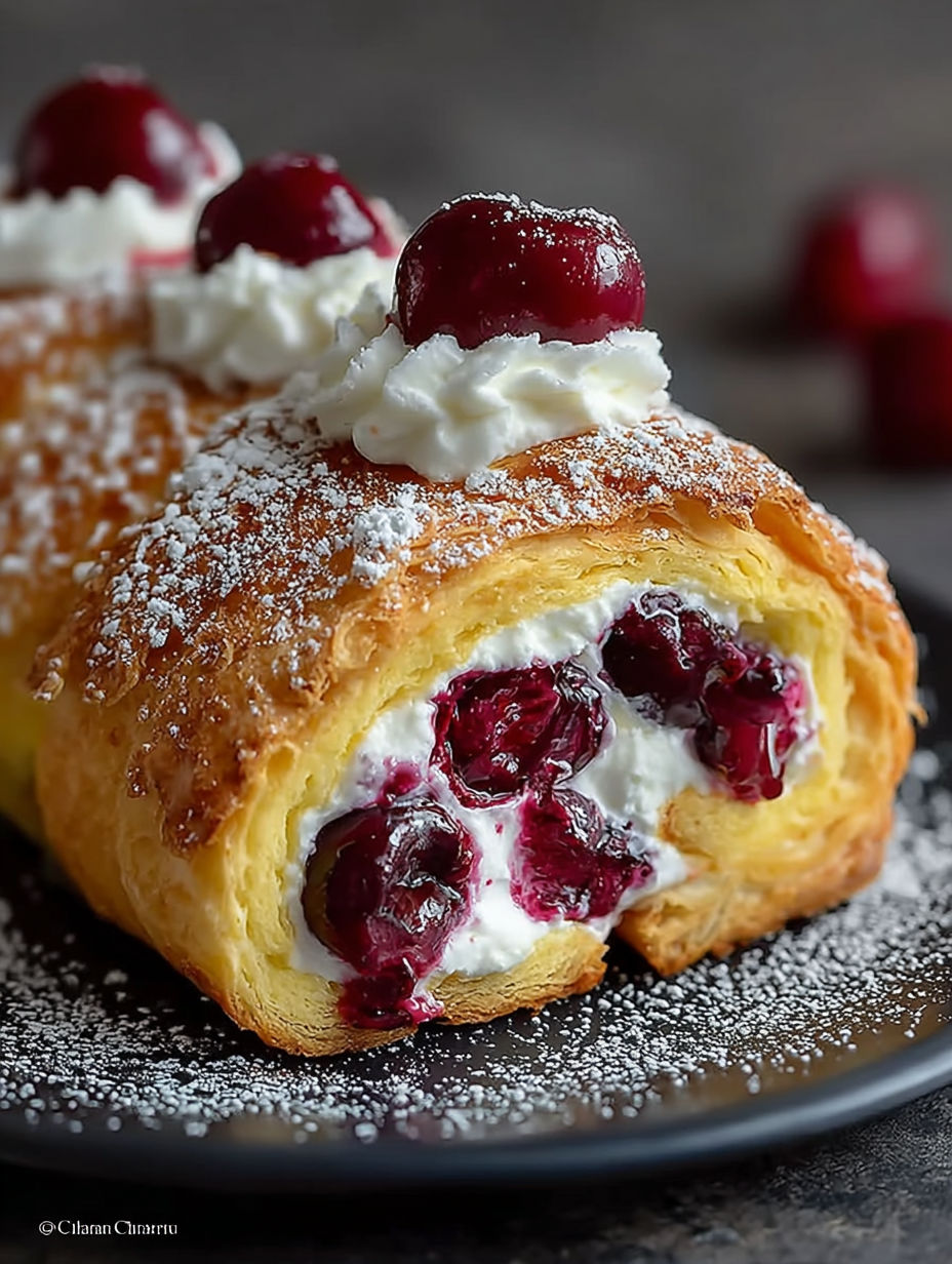 Une tarte aux cerises et à la crème fraîche, garnie de cerises fraîches et de crème.