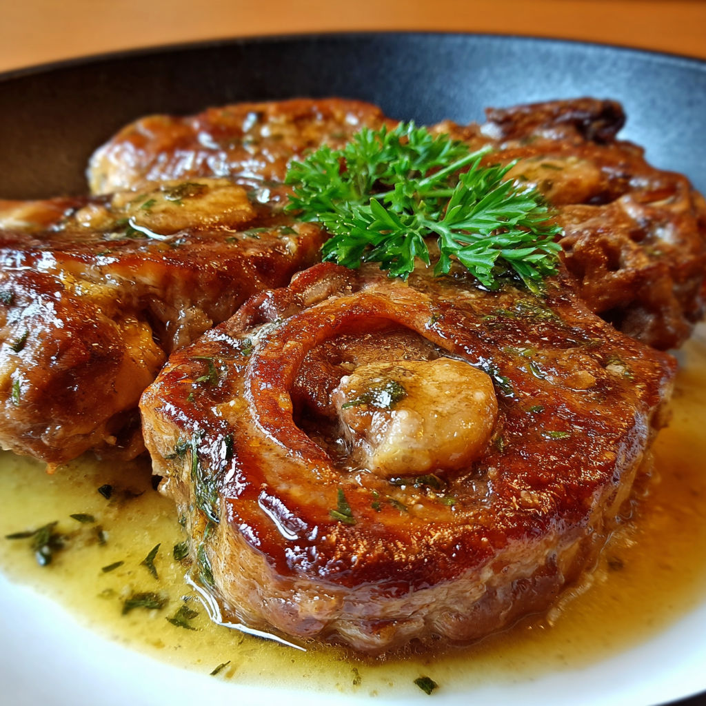 Pork chops with mushrooms and herbs, served in a black pan on a white plate.