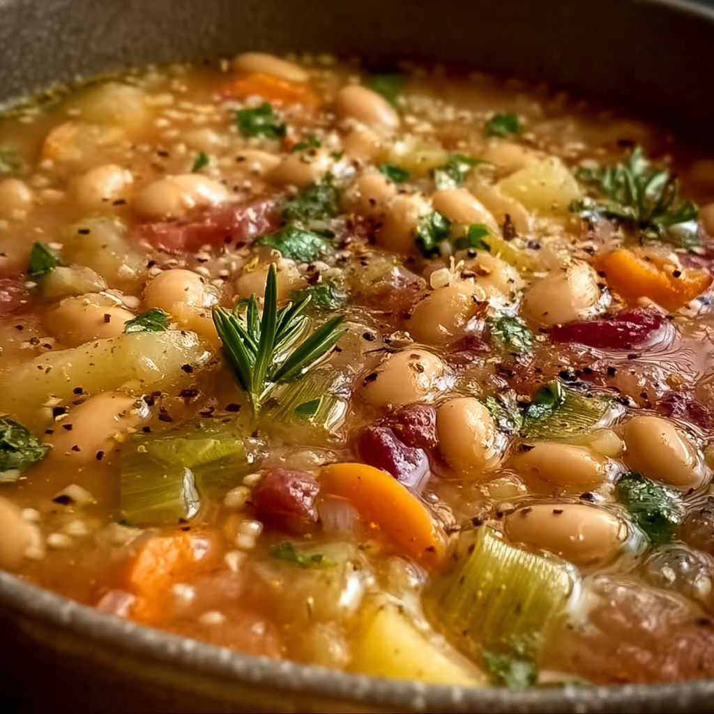 Un potage de légumes et de haricots rouges, appelé Minestrone della longevità, est servie dans un bol en bronze.