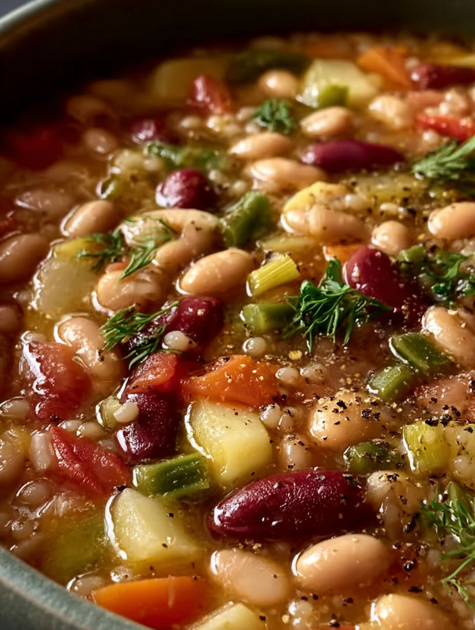 Une recette de soupe de légumes et de haricots, avec des légumes tels que des carottes, des poivrons et des épinards.