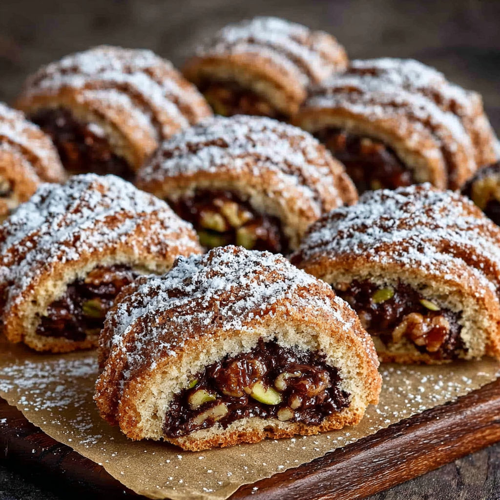 Une plaque de desserts, Dolcetti al cioccolato e noci, est mise sur une table.