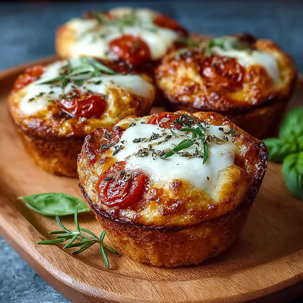 Quatre mini pizzas de tomates et de fromage sur une planche de bois.