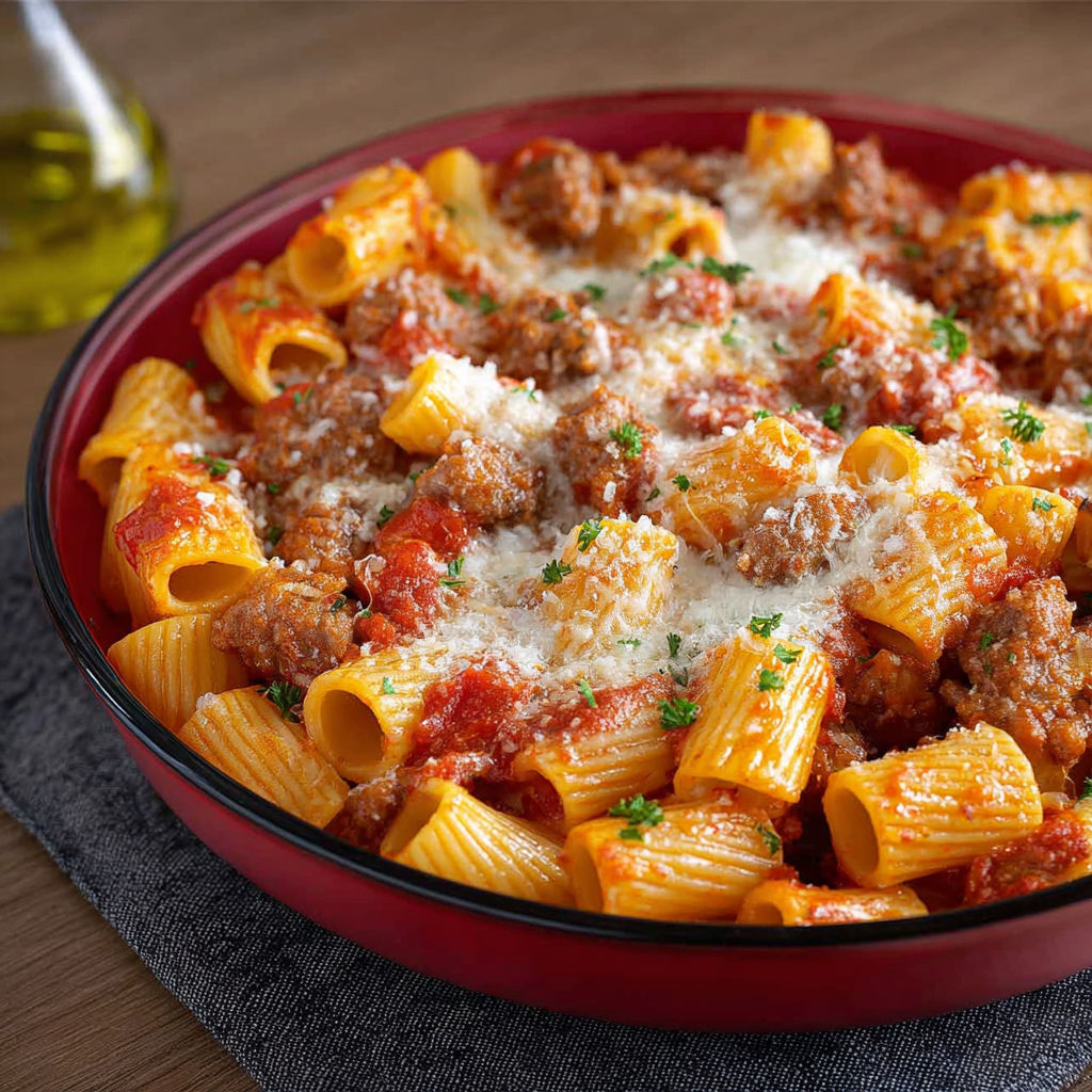 La mia cucina per tutti: une casserole de macaroni et de sauce tomate avec des herbes et des boulettes de viande.
