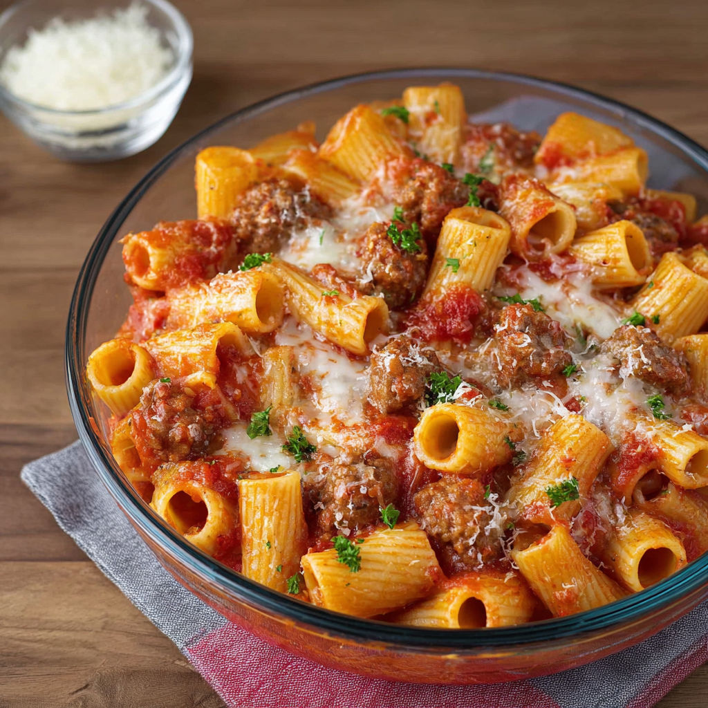 Un plat de macaroni à la sauce tomate avec des boulettes de viande.