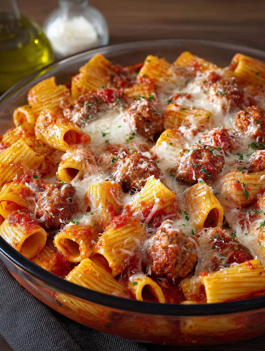 Unique pasta dish with meatballs and tomato sauce.