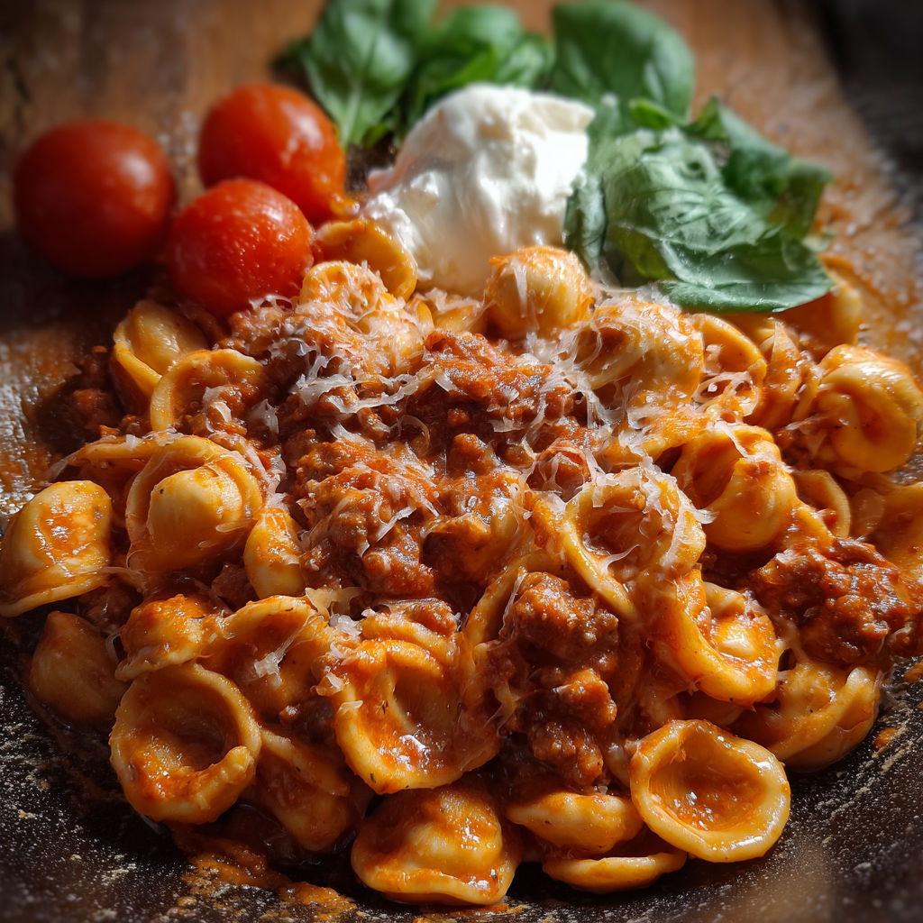Une recette de Orecchiette alla positanese est servie sur un plateau avec des tomates et des herbes.