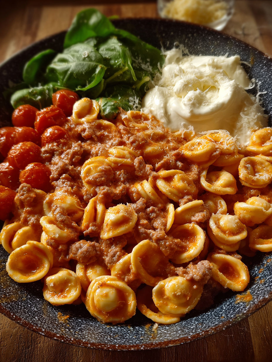 Une recette de macaroni et ricotta avec des légumes verts.