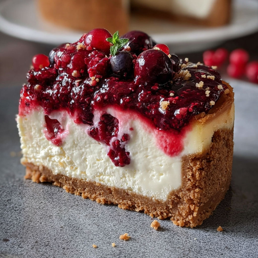 Une tartine de gâteau aux fruits rouges et cerises, avec une sauce au yaourt et des noix de café.