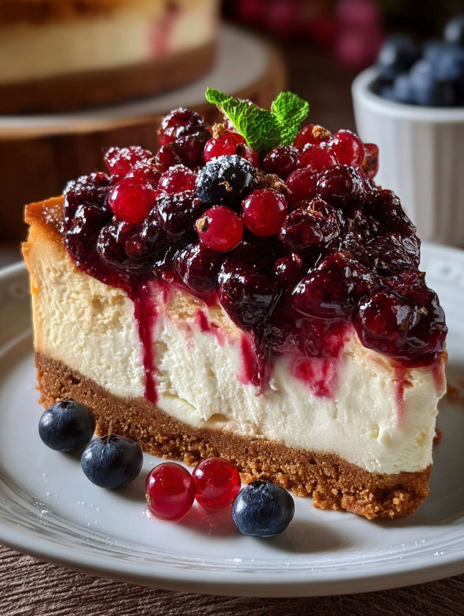 Une tarte aux fruits rouges et cerises, avec une base de crème de lait, est servie sur un plateau.