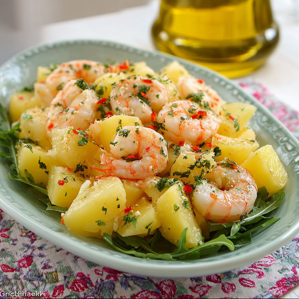 Une assiette de crevettes et de pommes de terre avec une sauce au curry.