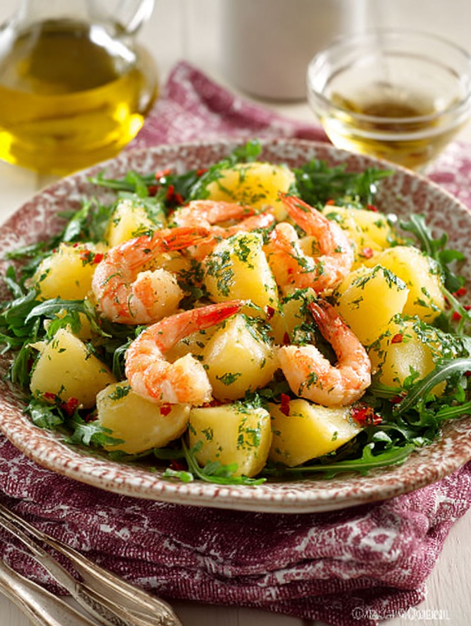 Une salade de crevettes et de légumes, avec une sauce au citron.