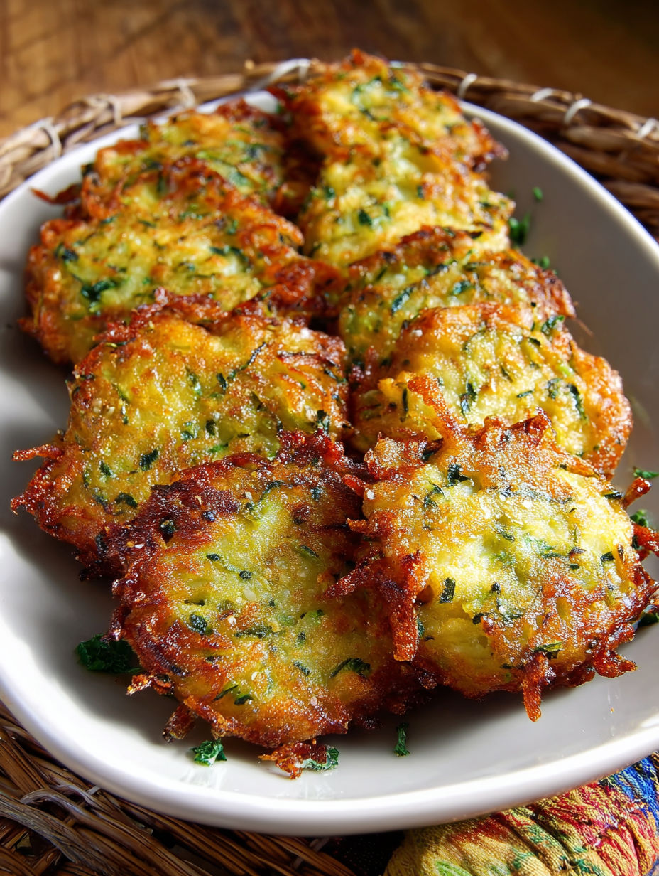Une assiette de frittelle di zucchine e patate, servies sur un plateau.