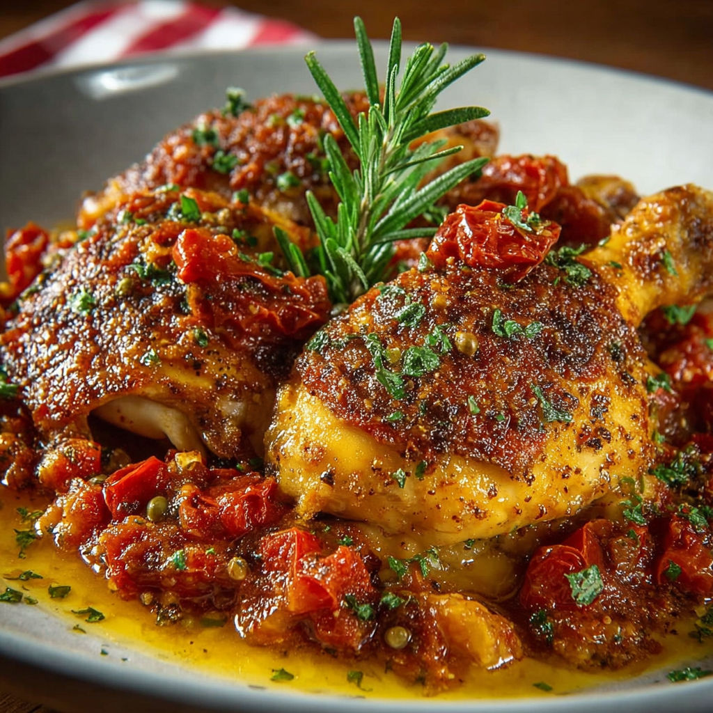 Une recette de Pollo alla umbra, avec des légumes et des herbes, est servie sur un plateau.