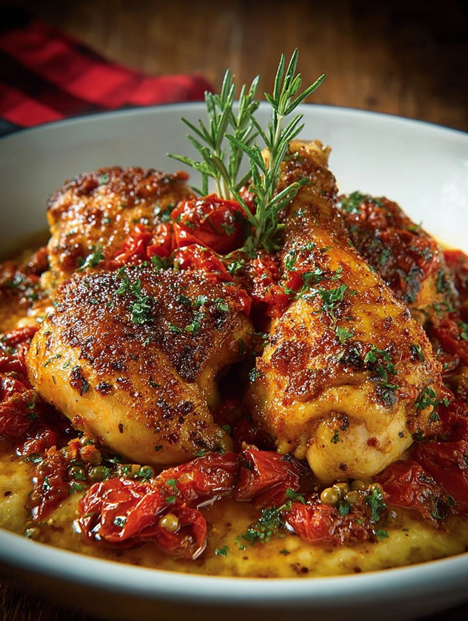 Poulet rôti avec des herbes et des tomates séchées