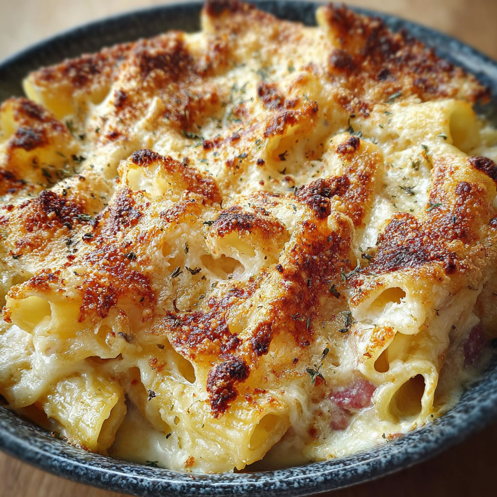 Une recette de Pasta al gratin napoletana, la ricetta della nonna, est servie dans un bol.