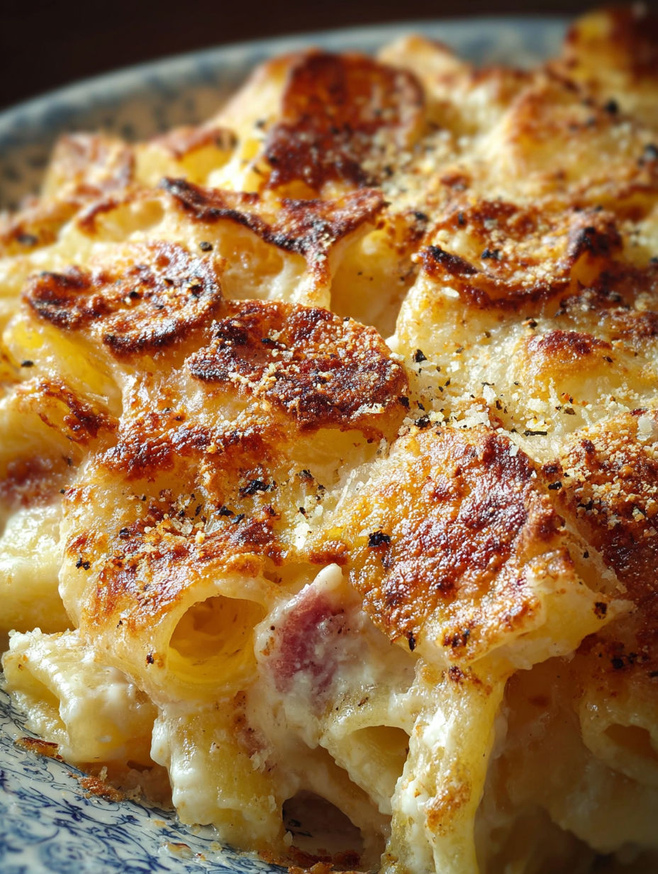 Une recette de macaroni et cheese croustillant et savoureux, avec des morceaux de bacon et des herbes fraîches.