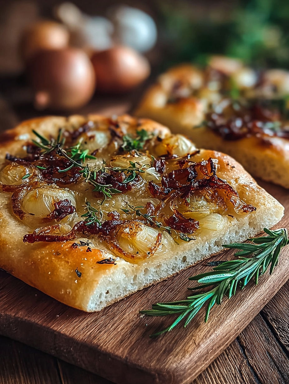 Une pizza maison avec des oignons et des herbes.