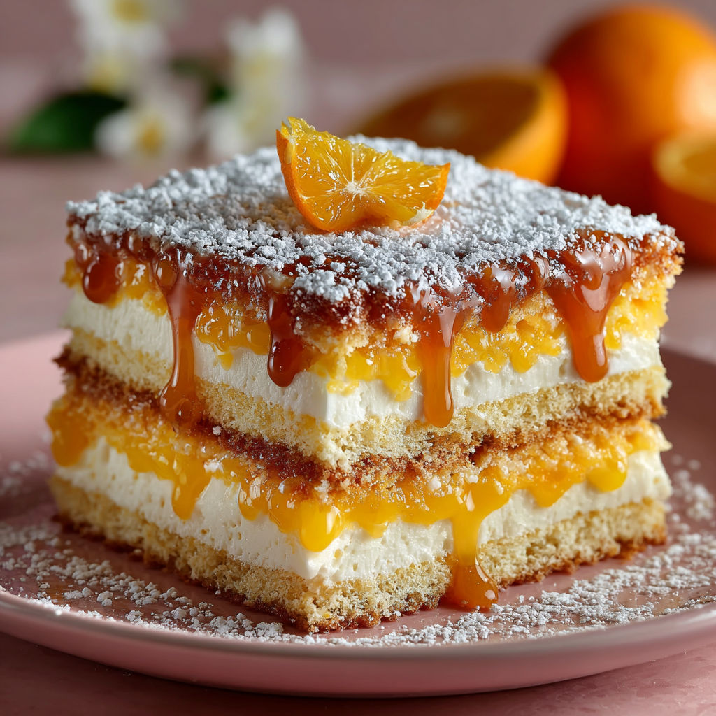 Une torta soffice alla crema d'arancia, garnie d'oranges et de fleurs, est servie sur un plateau.