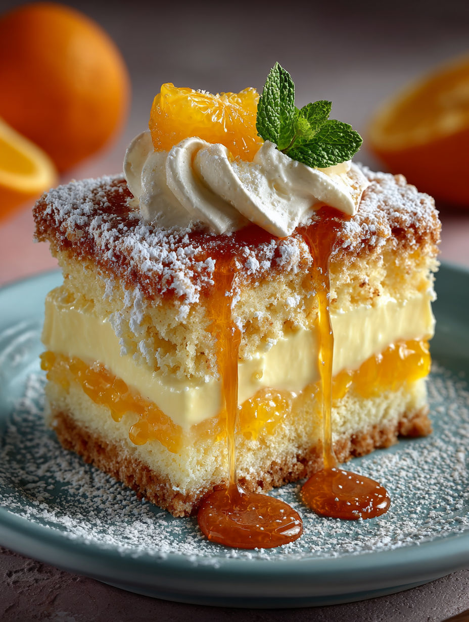 Une torta soffice alla crema d'arancia, garnie d'une poignée d'oranges et de menthe, est servie sur un plateau.