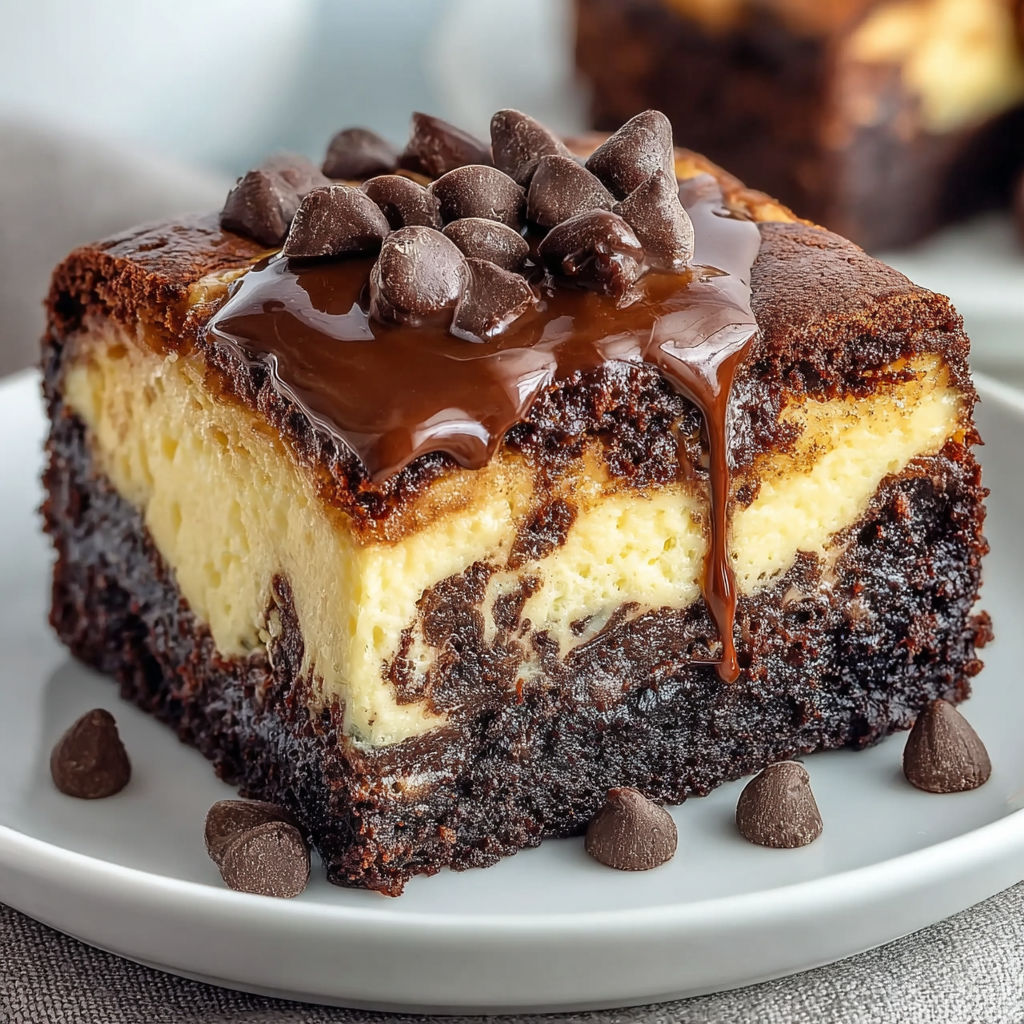 Une tarte au chocolat et au fromage, garnie de chocolats et de chocolat fondu, est servie sur un plateau.