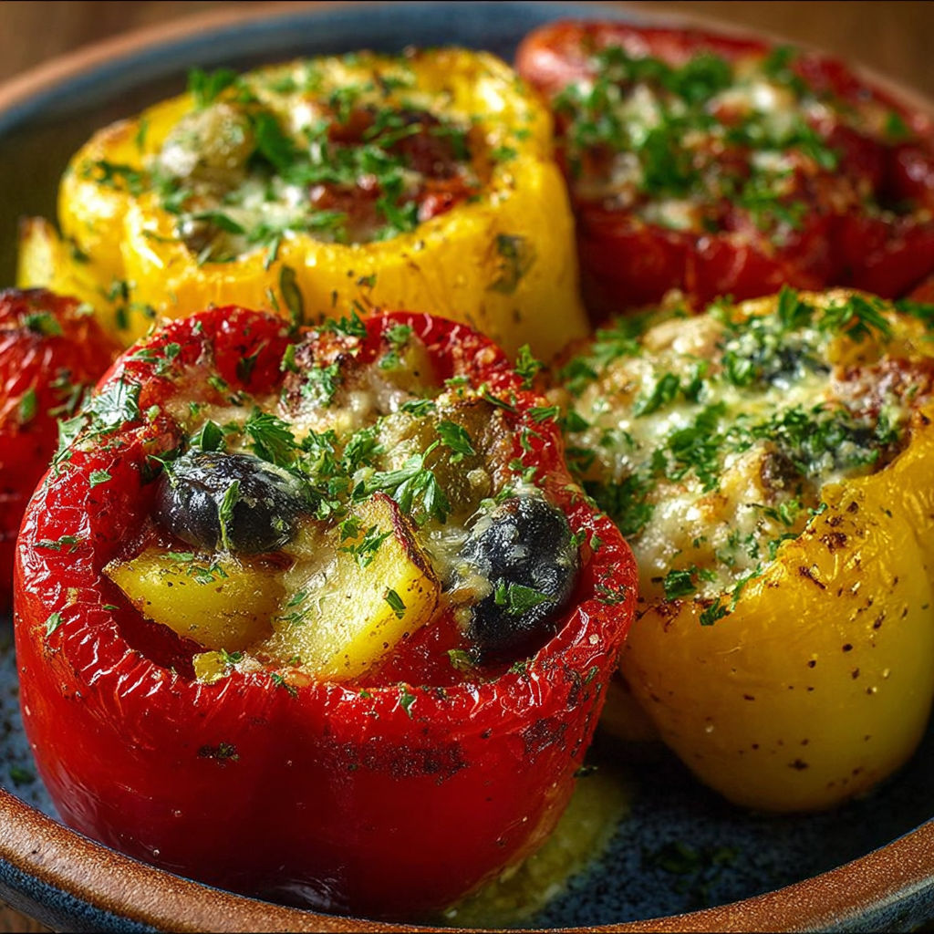 Une assiette de peperoni ripieni alla semplice, avec des herbes et des légumes, est servie sur une table.