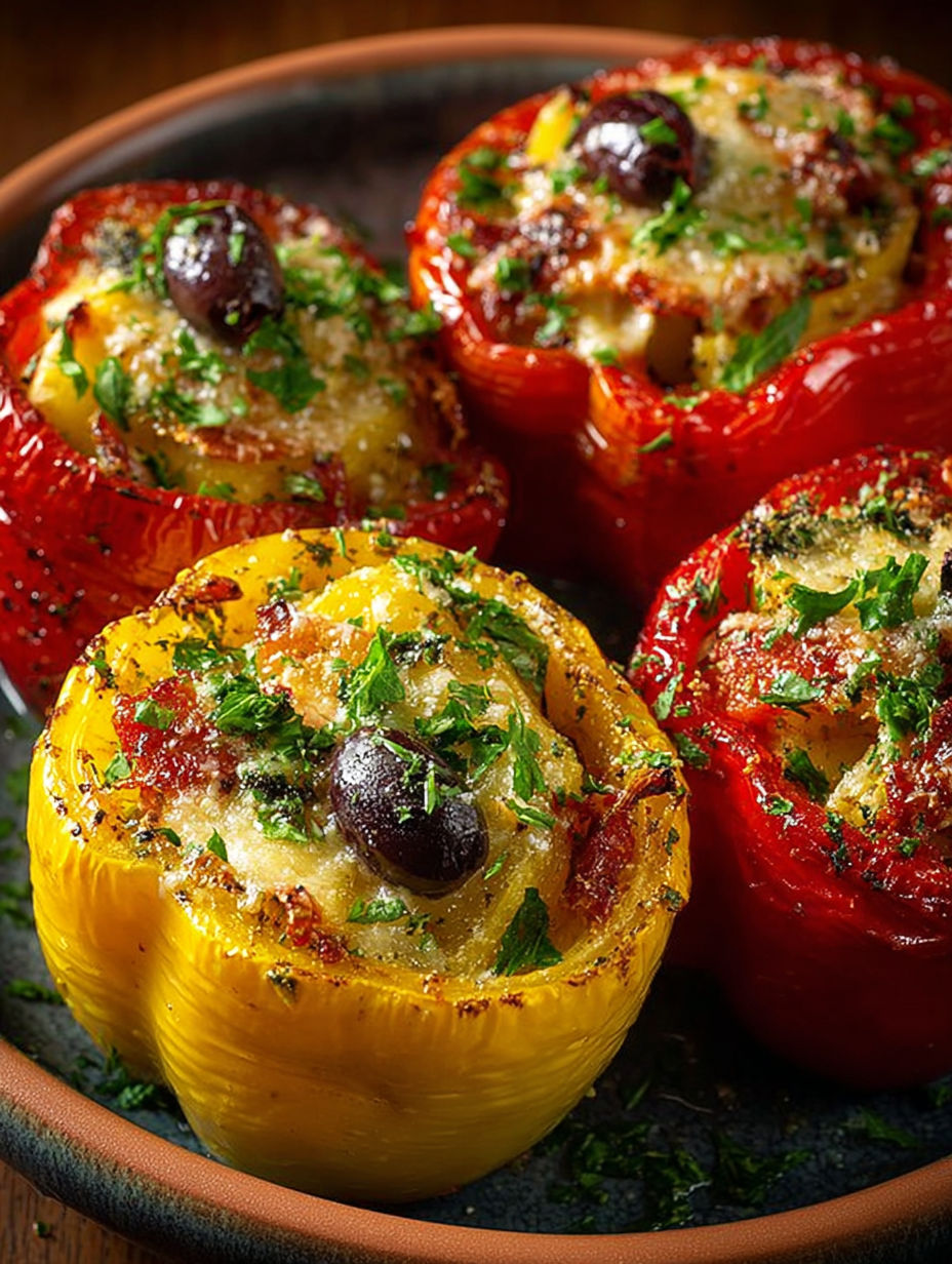 Peperoni ripieni alla semplice, une recette italienne qui consiste à farcir des aubergines avec des salades et des olives.