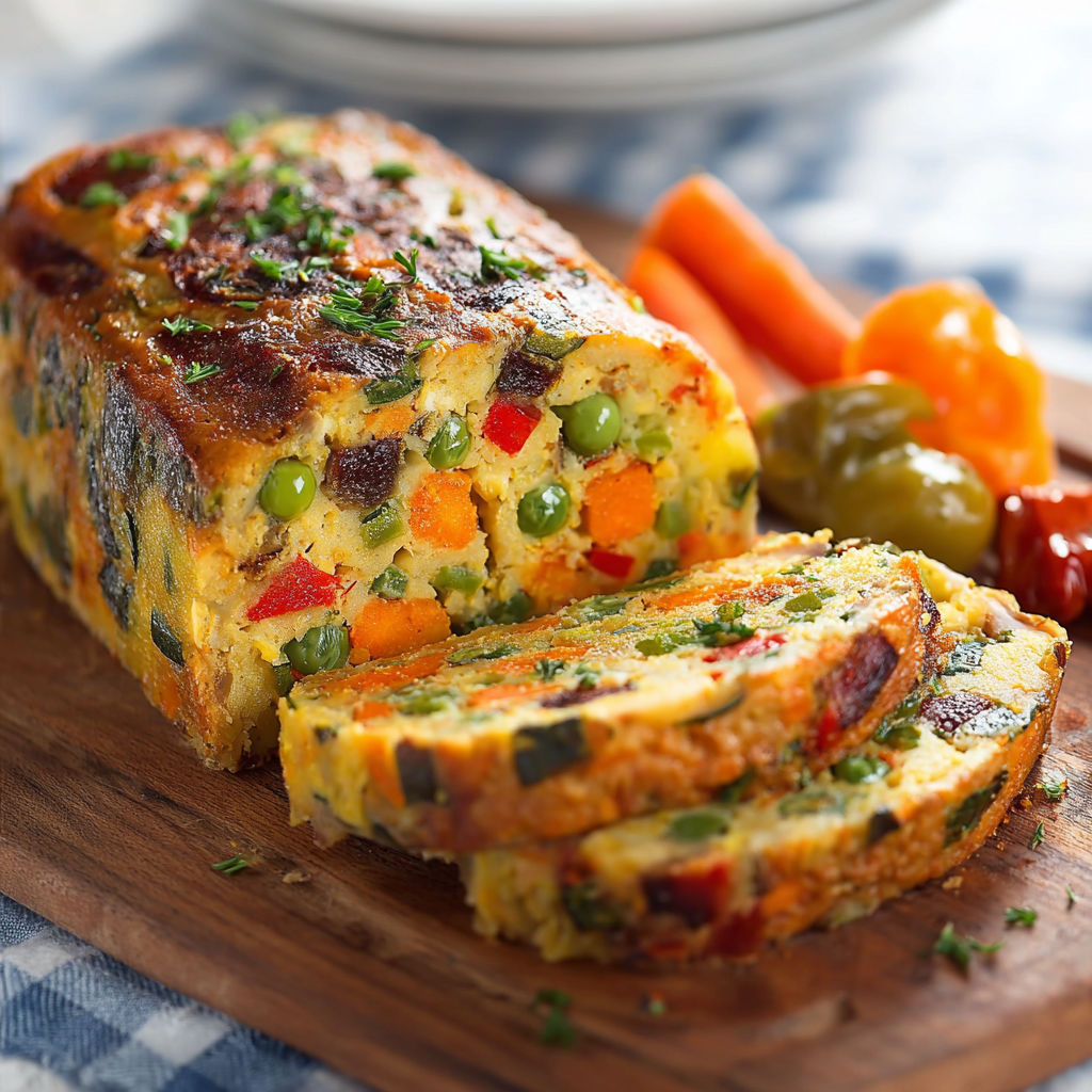 Une tarte aux légumes colorés, avec des carottes, des poivrons et des pommes de terre, est servie sur un plateau avec une fourchette.