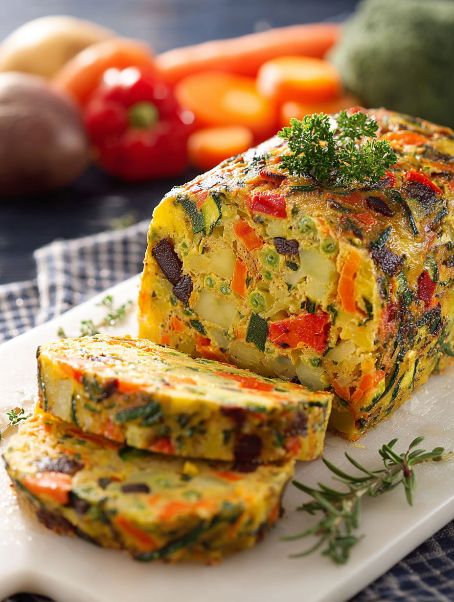 Une tarte aux légumes colorés, avec des légumes tels que des carottes, des poivrons et des tomates, est servie sur un plateau.