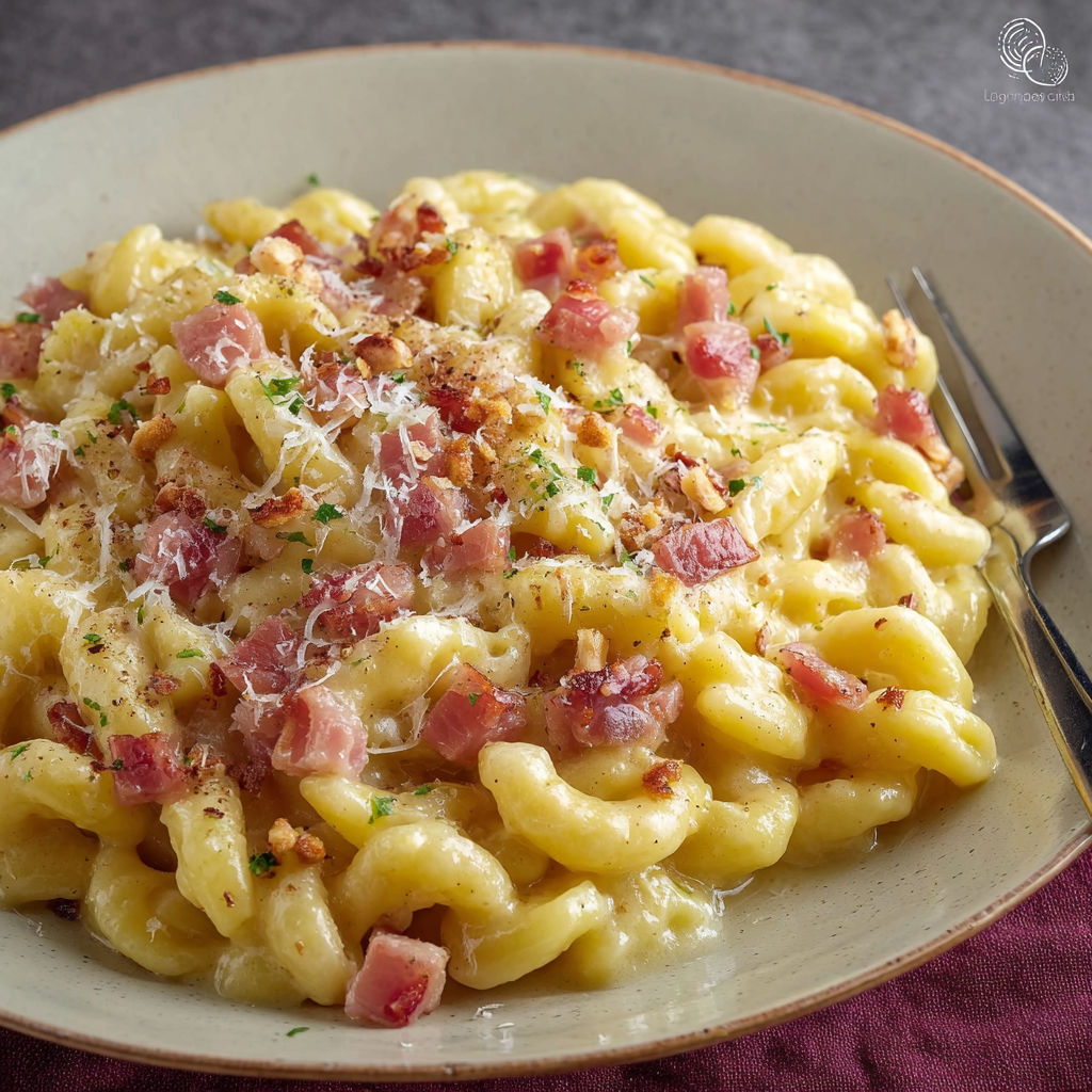 Une plate de Pasta con crema di patate e pancetta, avec des pâtes et des bacon.