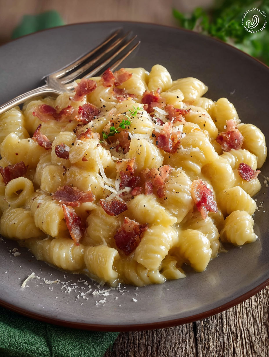 Une plate de Pasta con crema di patate e pancetta, avec des bacon frits et des pâtes.