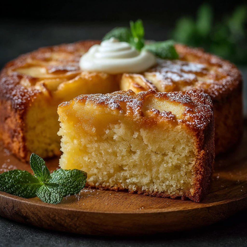 Une tarte aux fruits et crème fraîche sur un plateau de bois.