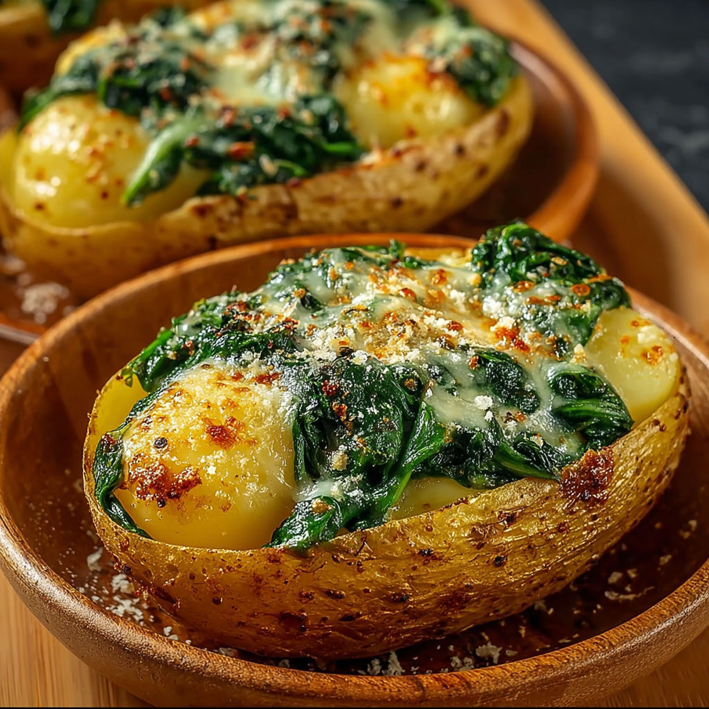 Une patate riche en spinaci et formaggio, servie dans un bol en bois.
