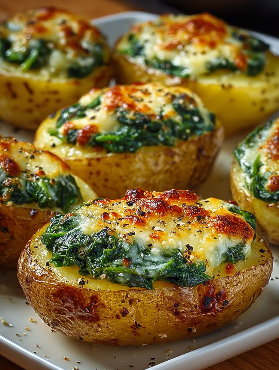 Les pommes de terre farcies de salade verte et de fromage rôti sont servies sur une assiette.