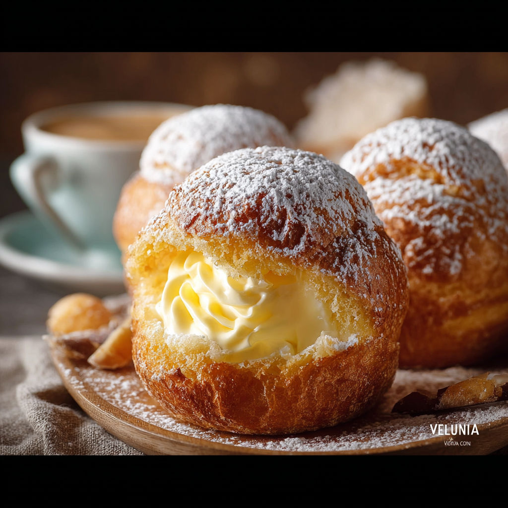 Desserts with powdered sugar and whipped cream, served on a plate.