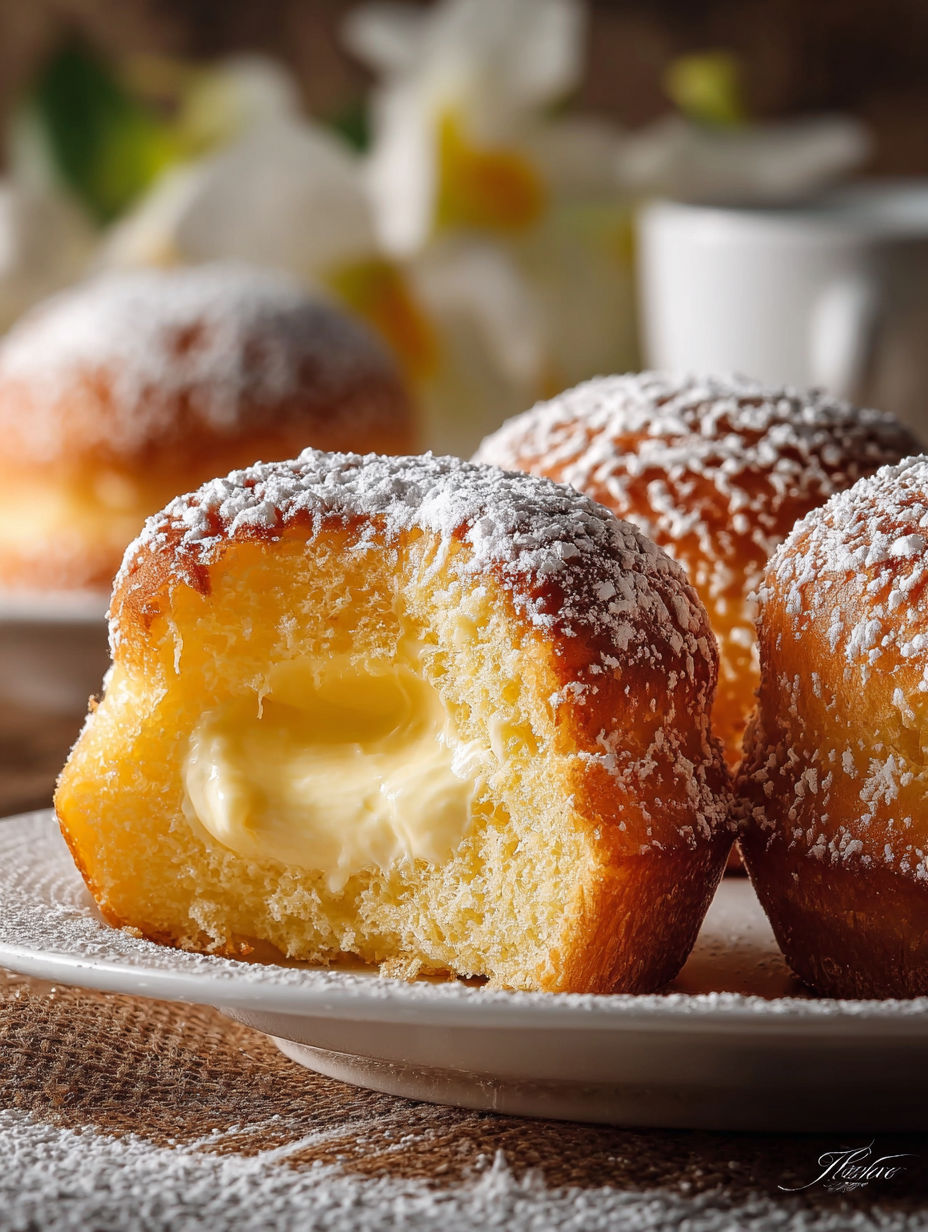 Deserts with powdered sugar and lemon slices on a plate.
