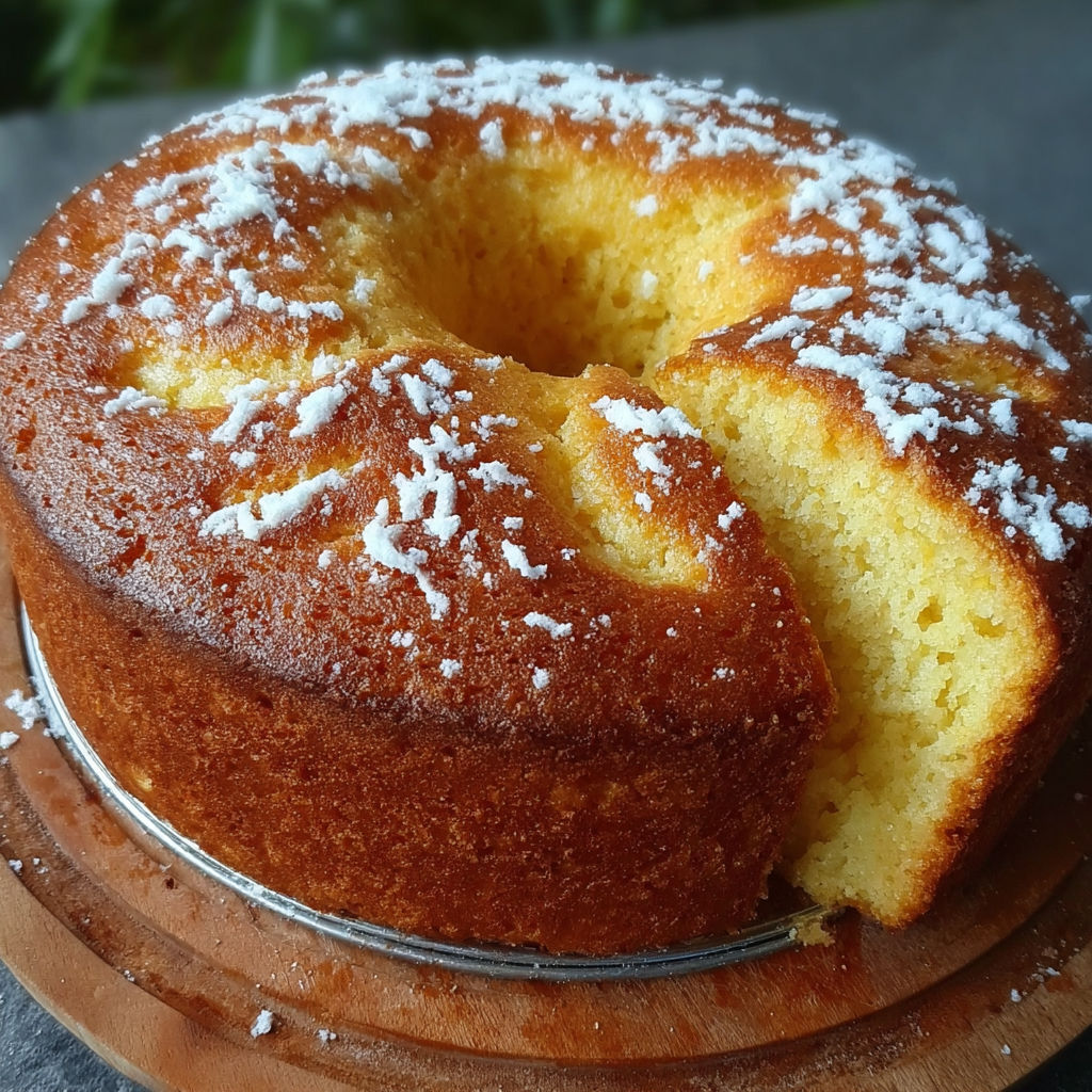 Une tarte aux fruits et à la crème, garnie de sucre et de glaçons, est servie sur un plateau en bois.