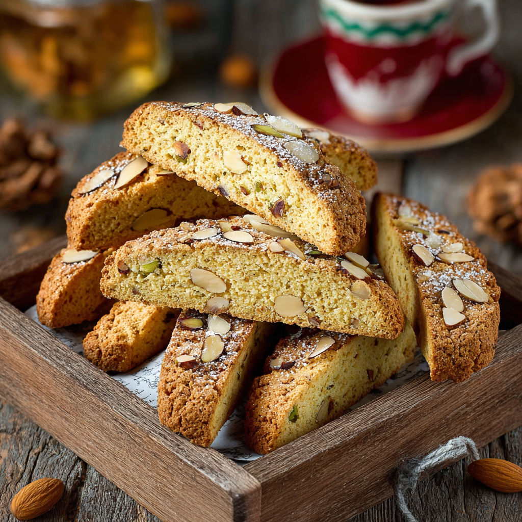 Une pile de cantucci alle mandorle sur une planche de bois.