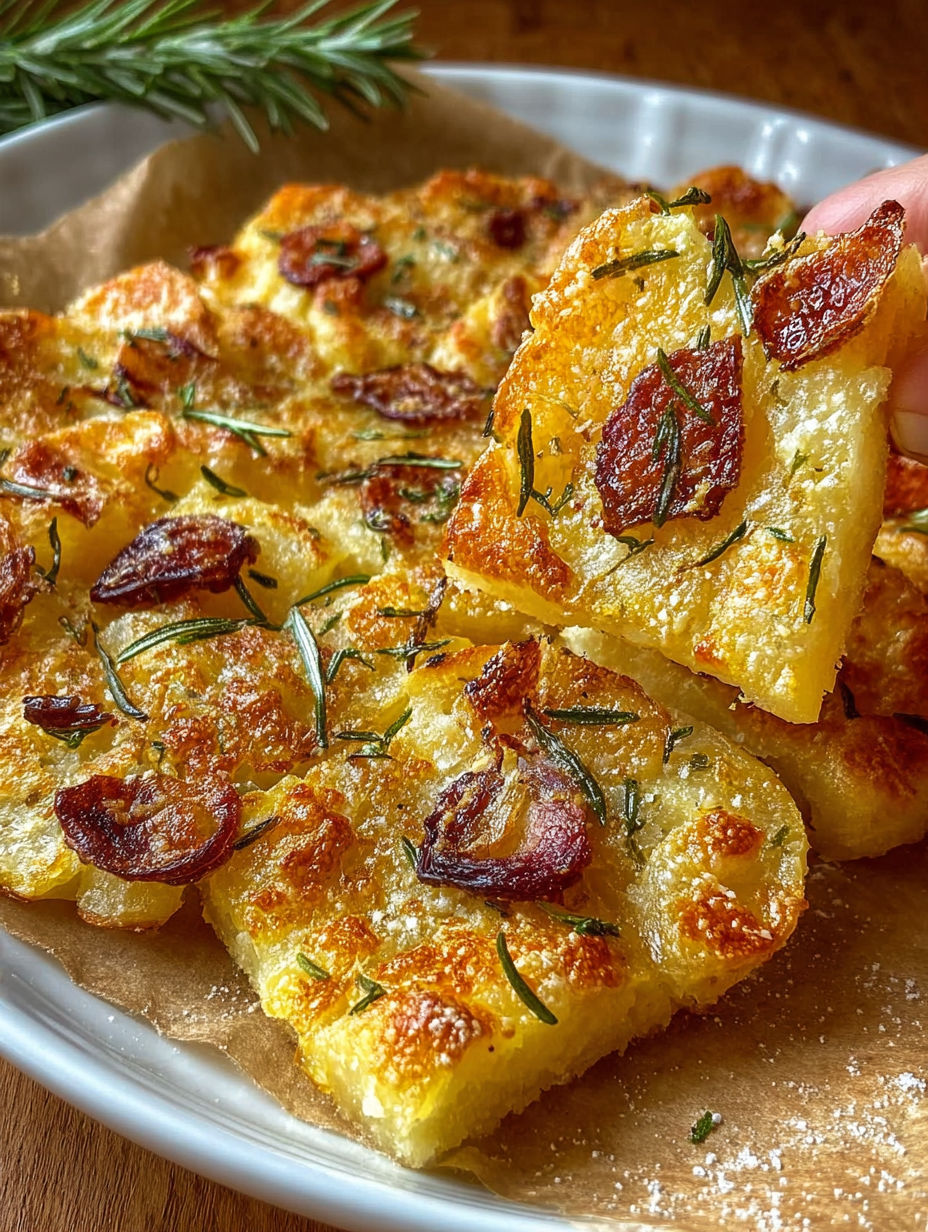 Une pâte de pizza maison, garnie de herbes et de bacon, est servie sur un plateau.