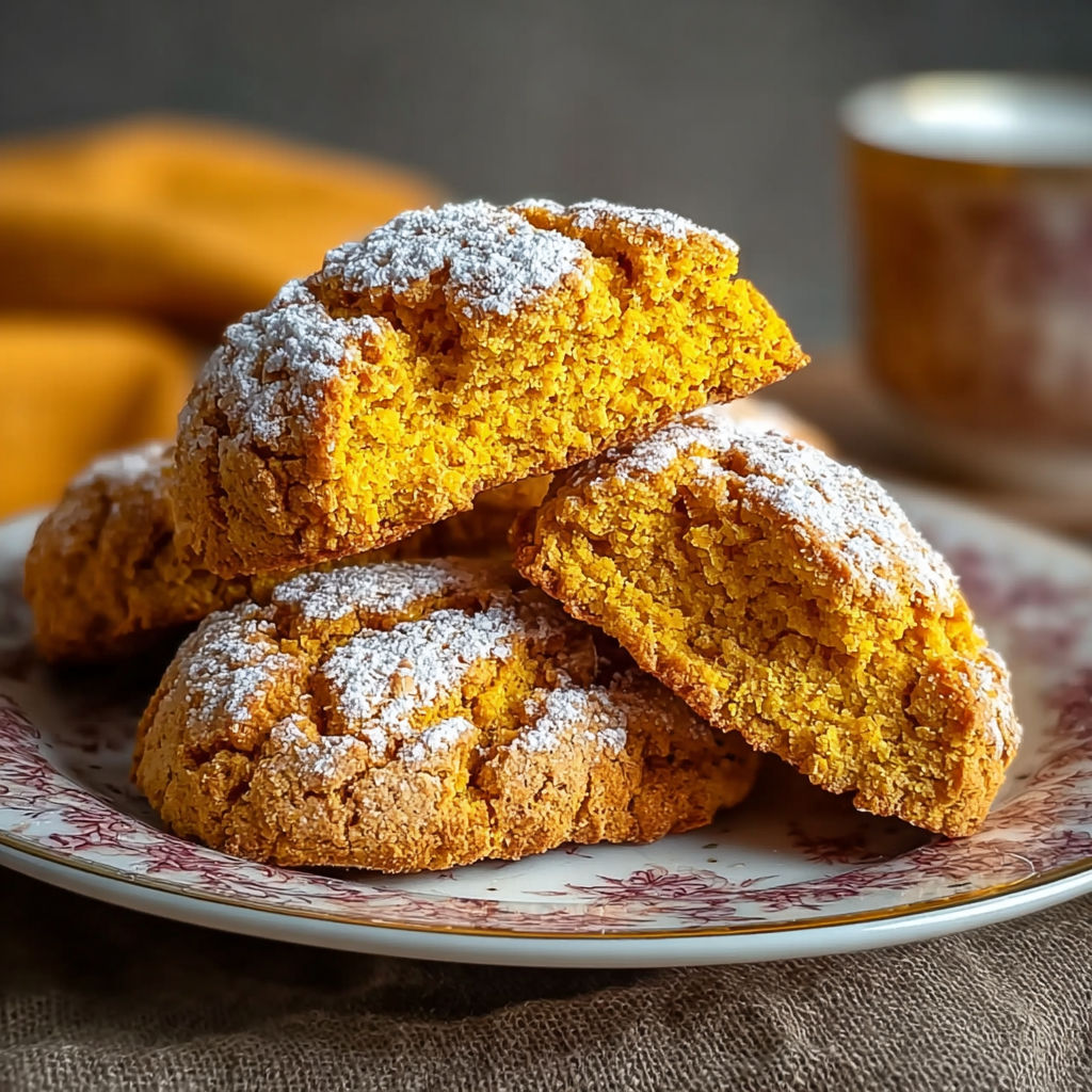 Biscotti alla Zucca, une recette italienne, est servie sur un plateau avec des morceaux de biscuit et des grains de sucre.
