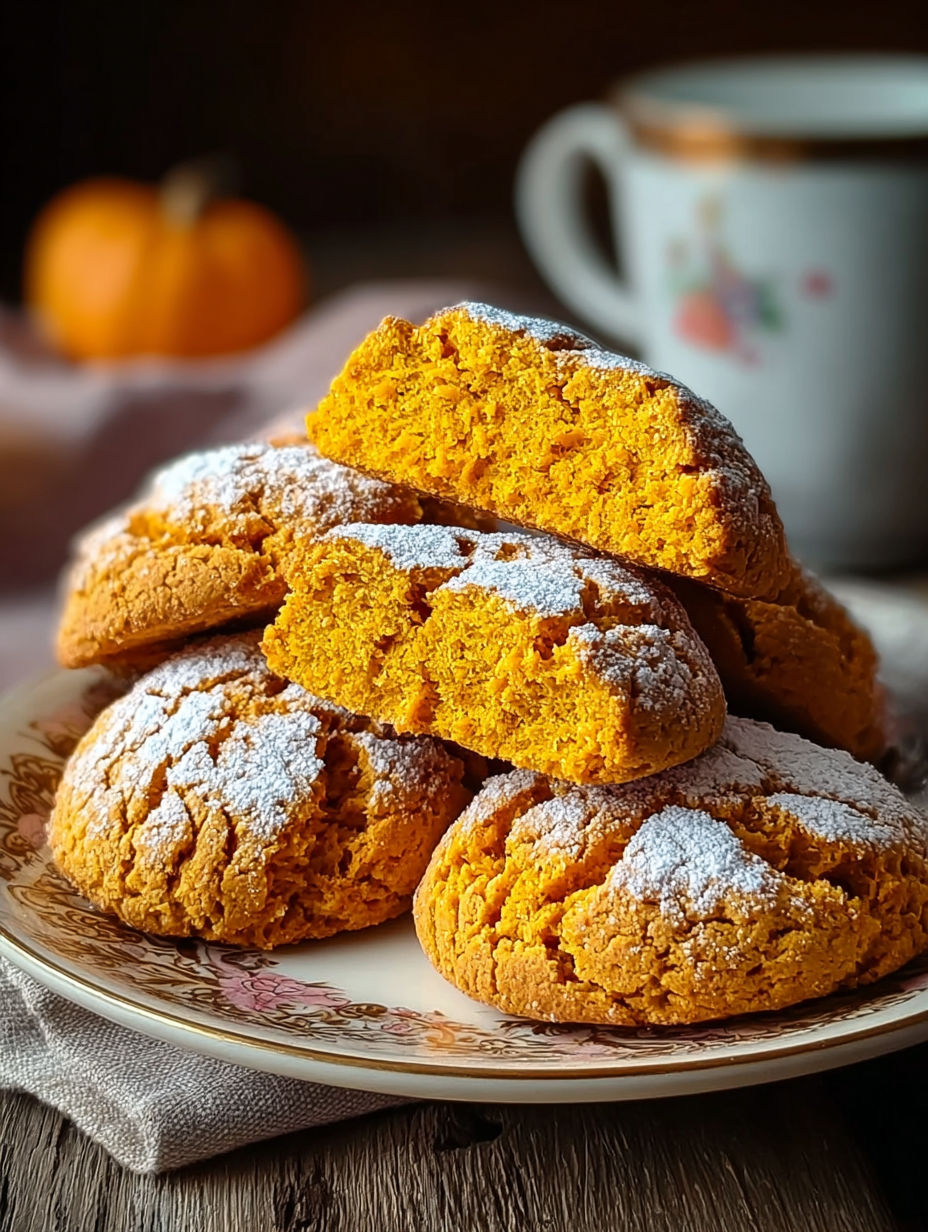 Une pile de biscuits d'orange sur un plateau, avec des flocons de sucre sur les biscuits.