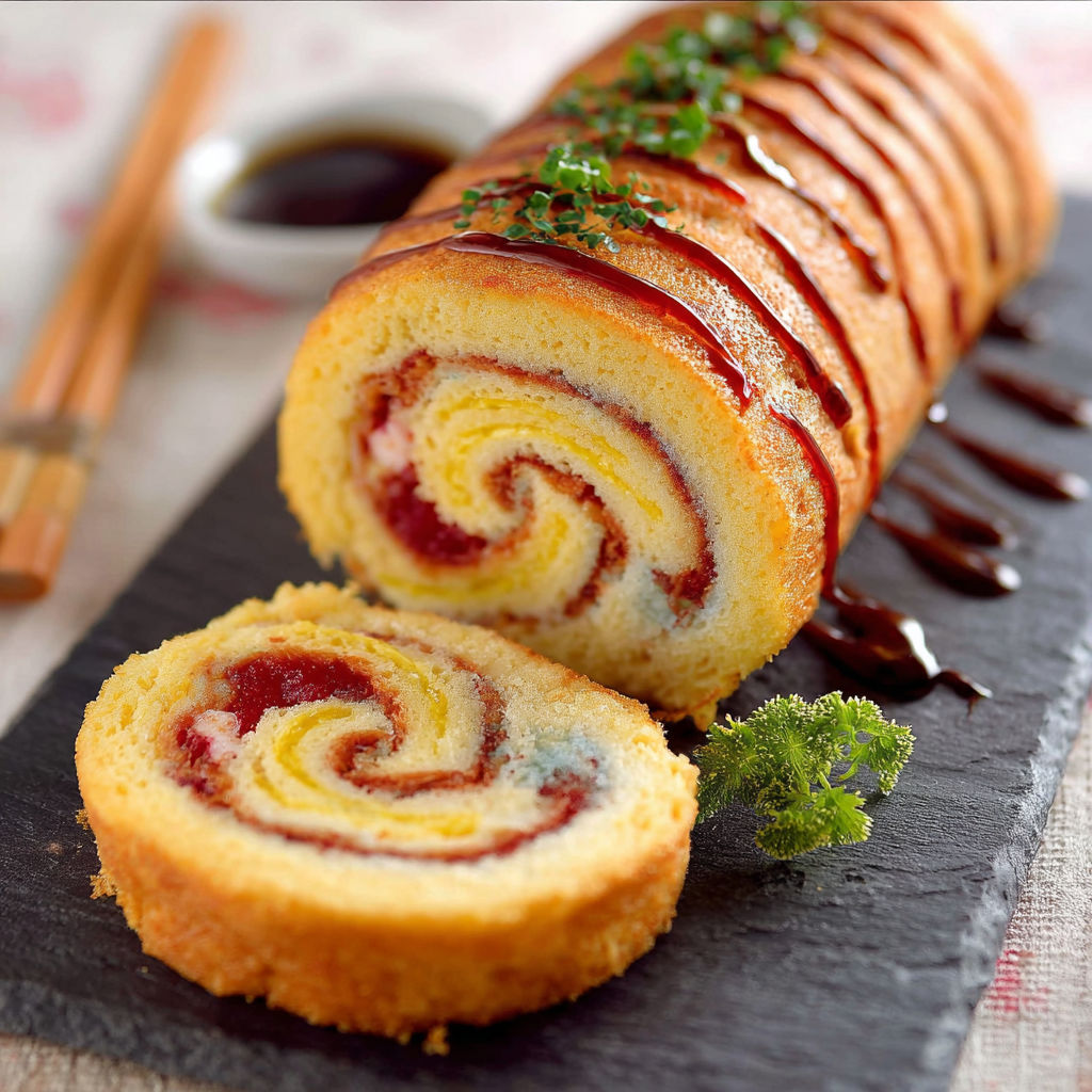 Une tourte enroulée avec des fruits rouges et des herbes, sur un plateau de pierre.