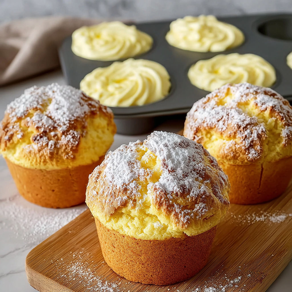 Deserts in a pan with powdered sugar on a wooden tray.
