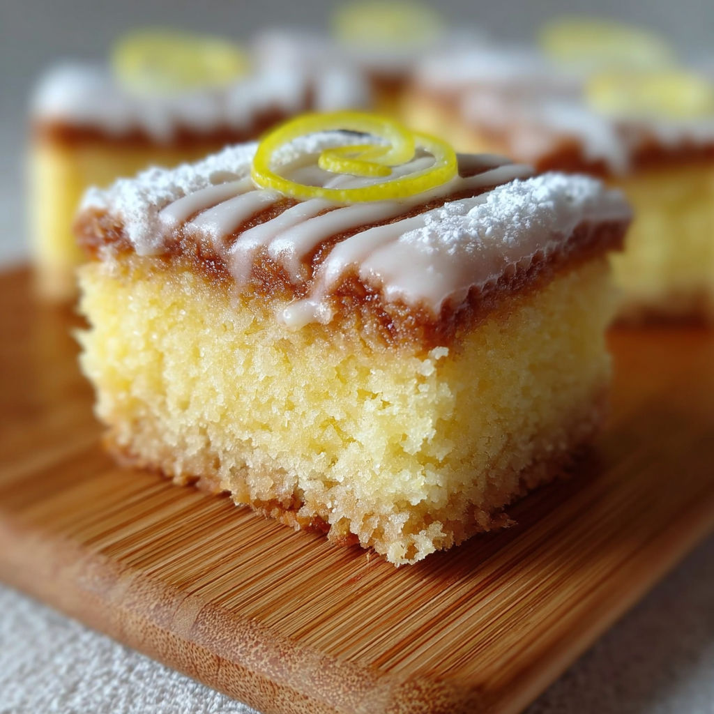 Un délicieux Quadratini limone e mandorle sur un plateau de bois.