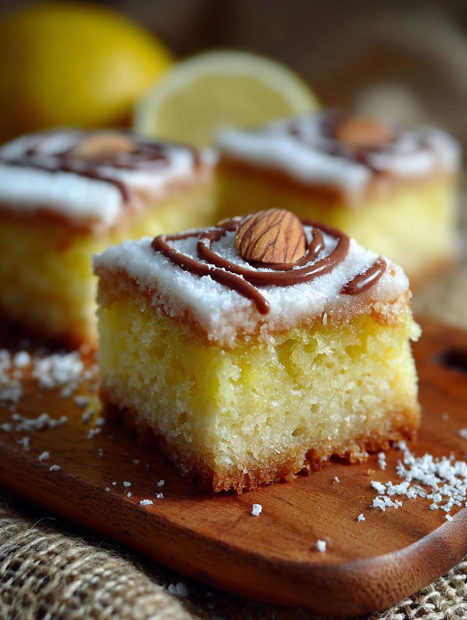 Une tarte aux amandes, garnie de citron et de chocolat, est servie sur un plateau en bois.
