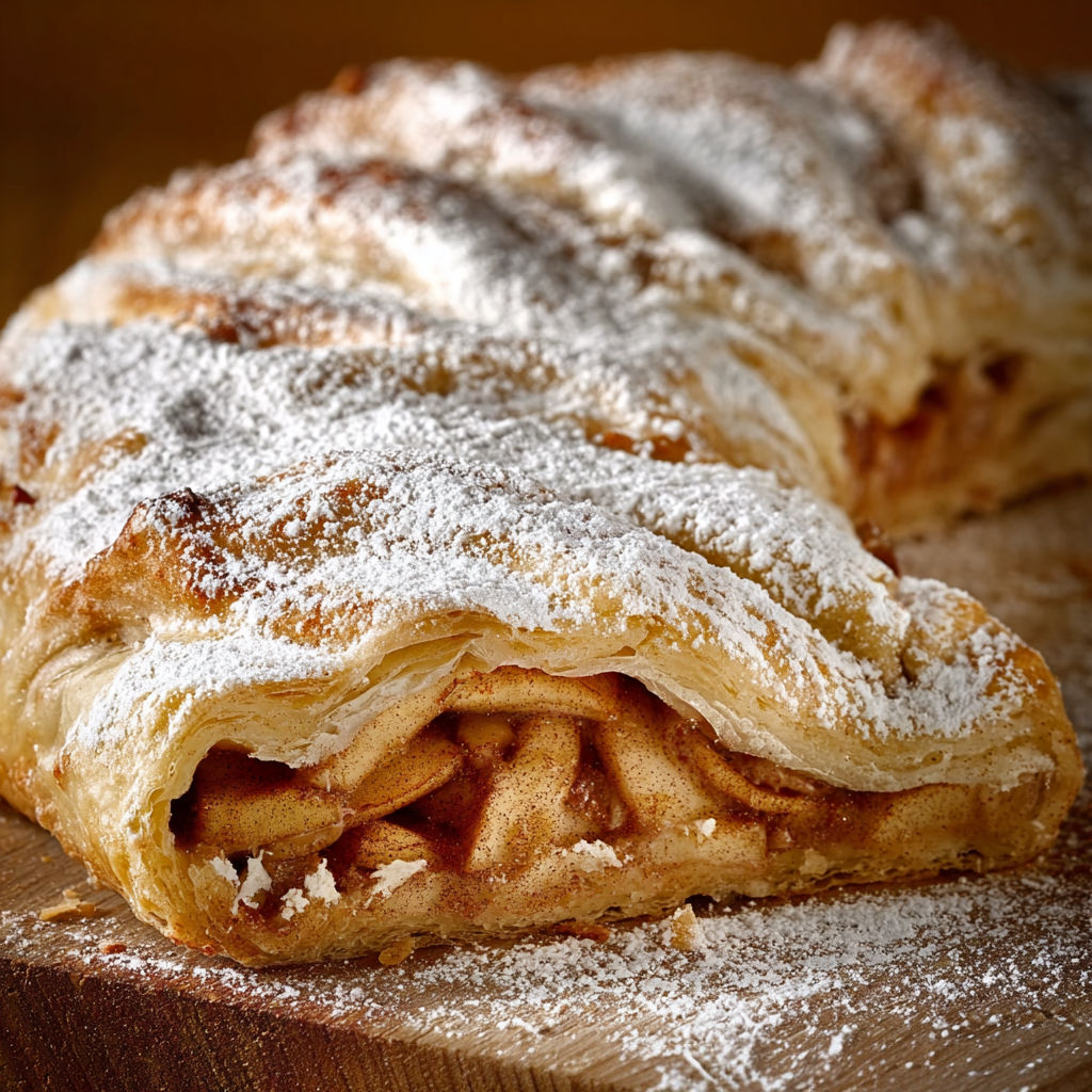 Une portion de strudel de miel sur une planche de bois.