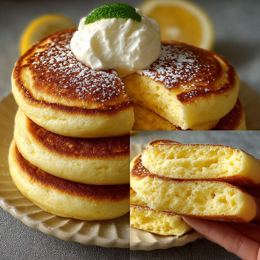 Un pancake au citron avec une goutte de yaourt sur le dessus.