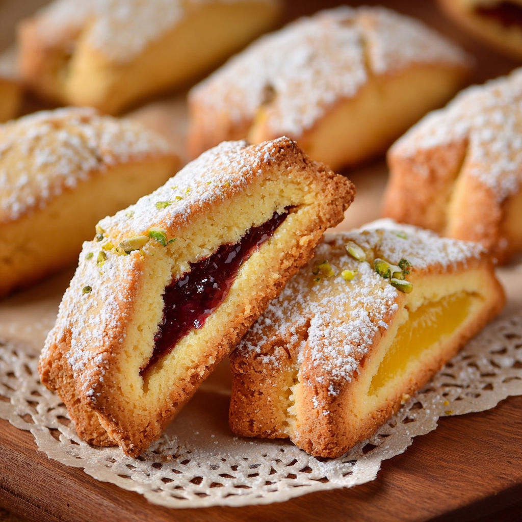 Biscotti di frolla ripieni, une variété de biscuits à la cerise, sont présentés sur un plateau.